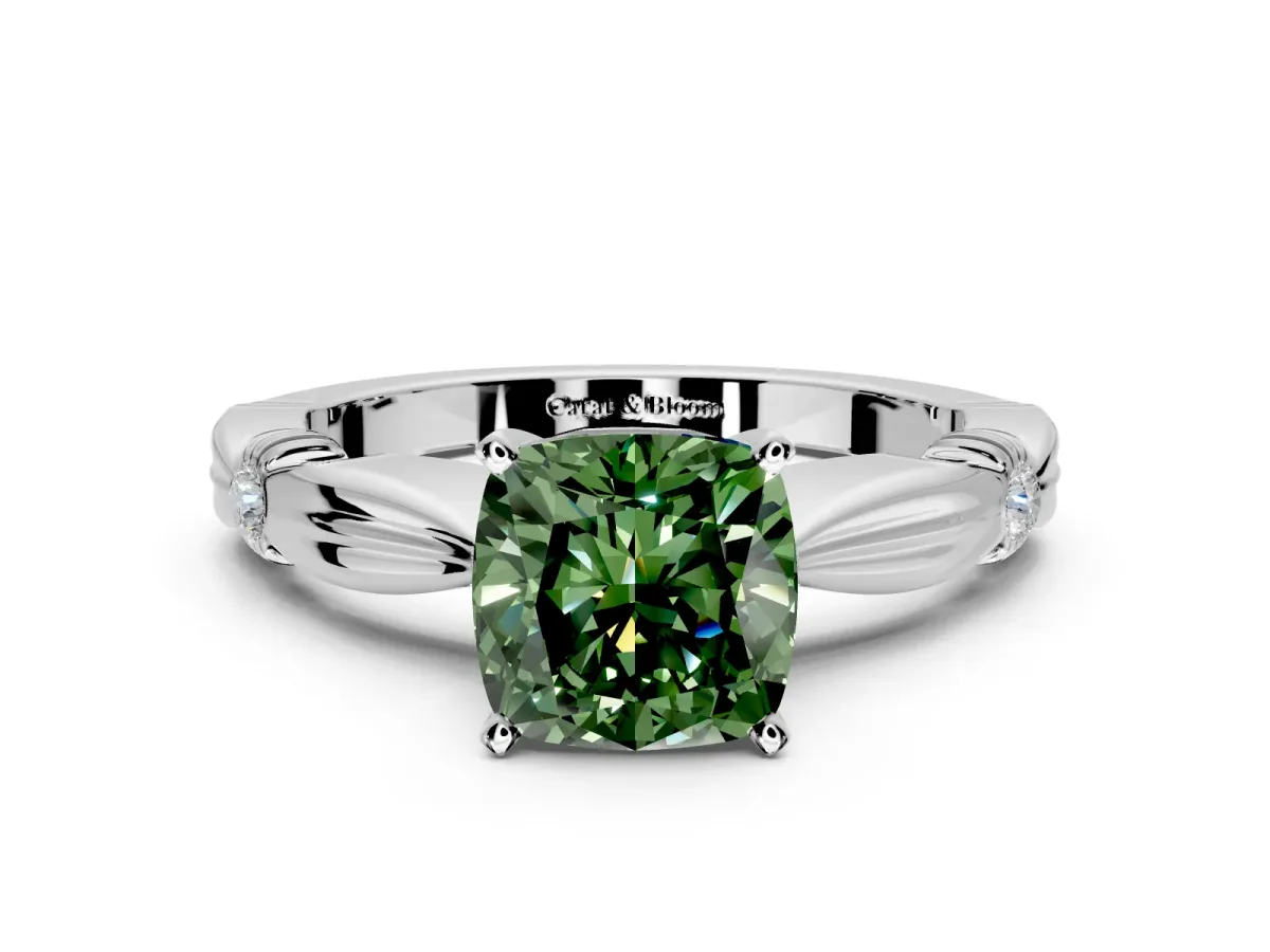 Solitaire Engagement Ring Setting for Fancy Green Cushion Cut Center with Carved Leaf Shoulders and Prong Head in White Gold