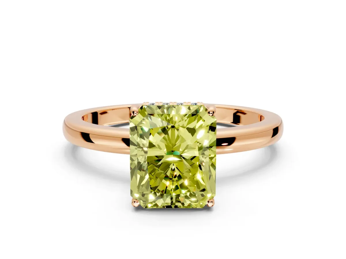 Solitaire Engagement Ring Setting for Fancy Yellow Radiant Cut Center with Fine Wire Band and Prong Head in Rose Gold