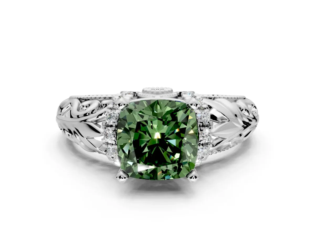 Solitaire Engagement Ring Setting for Fancy Green Cushion Cut Center with Filigree Accent Basket and Prong Head in White Gold