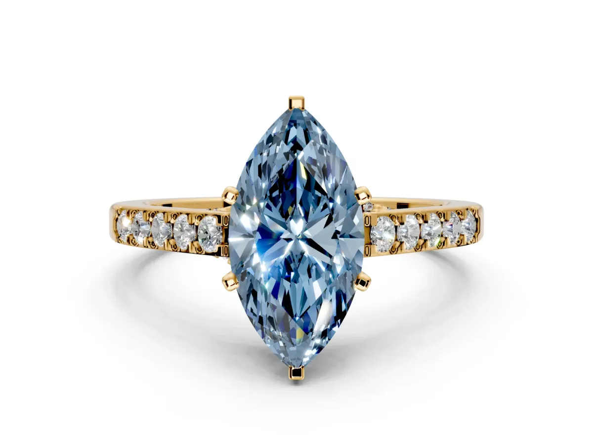 Solitaire Engagement Ring Setting for Fancy Blue Marquise Center with Crossover Accents and Prong Head in Yellow Gold
