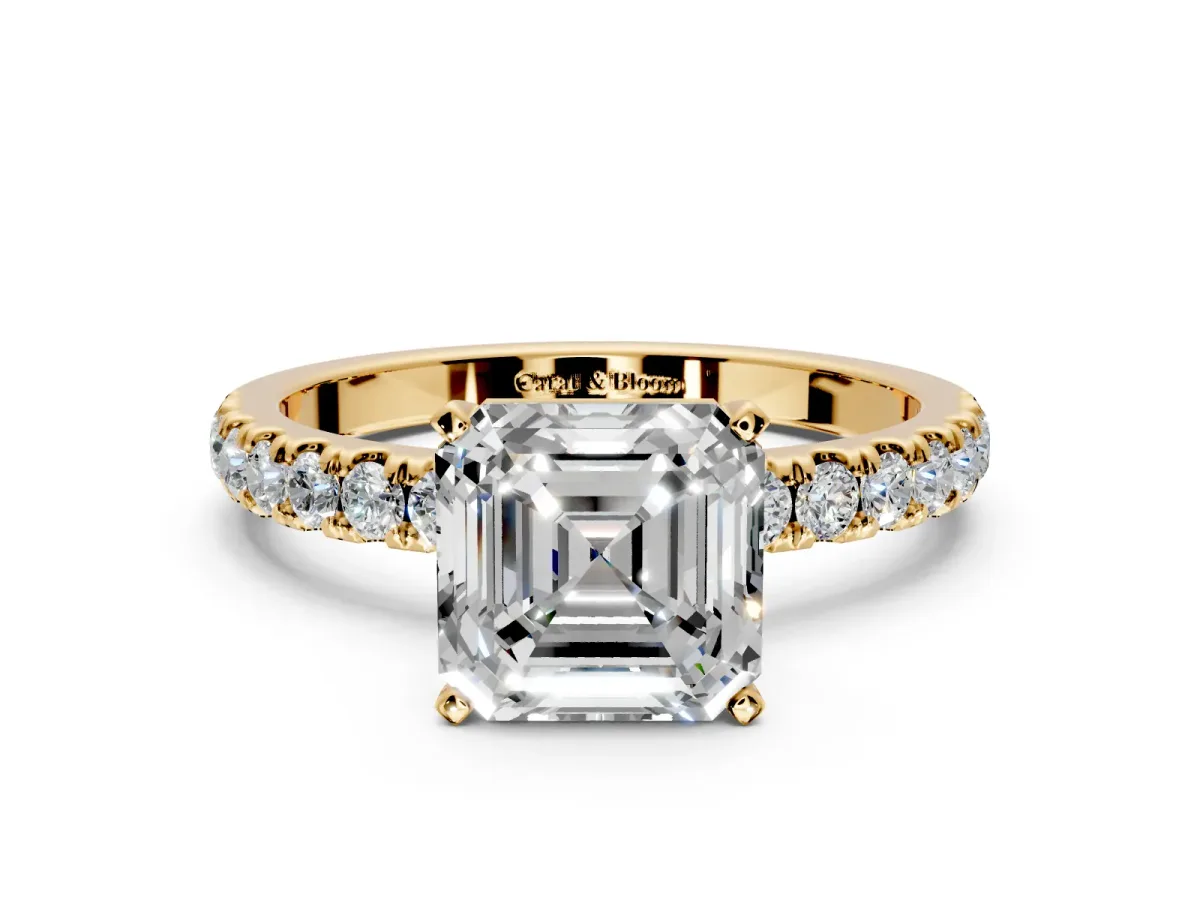 Open Basket Engagement Ring Setting for Asscher Cut Center with Pave Band and Prong Head in Yellow Gold