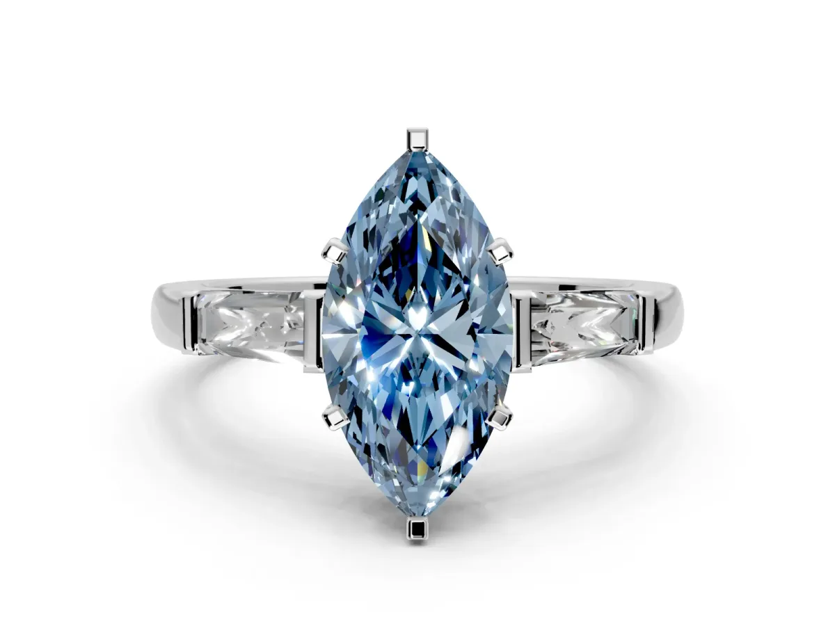 3 Stone Engagement Ring Setting for Fancy Blue Marquise Center with Tapered Baguettes, Plain Band and Prong Head in Platinum