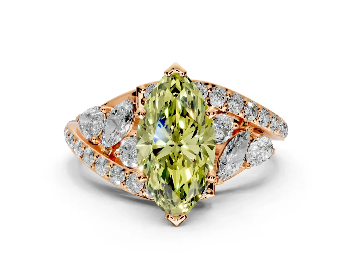 Halo Engagement Ring Setting for Fancy Yellow Marquise Center with Marquise and Pave Bypass Band and Prong Head in Rose Gold