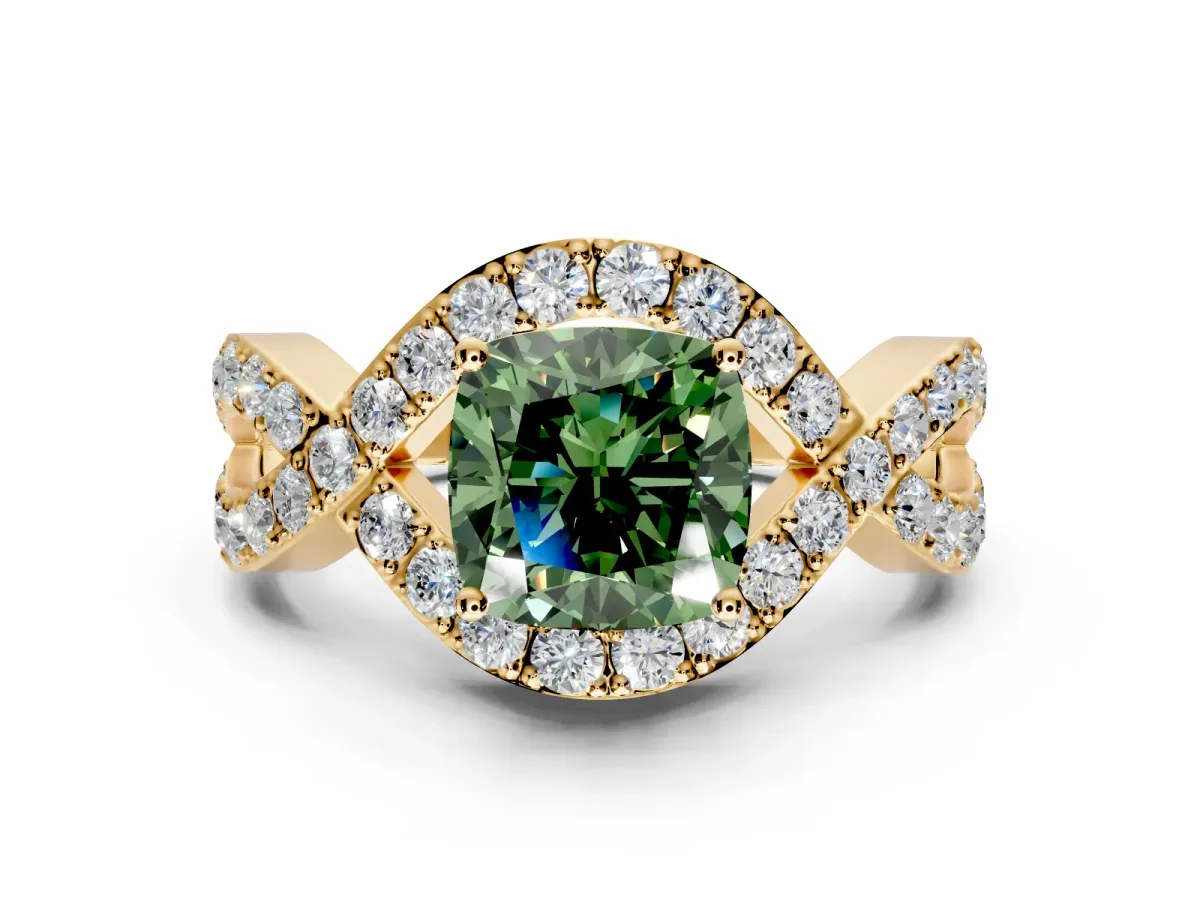 Halo Engagement Ring Setting for Fancy Green Cushion Cut Center with Pave Infinity Twist Band and Prong Head in Yellow Gold