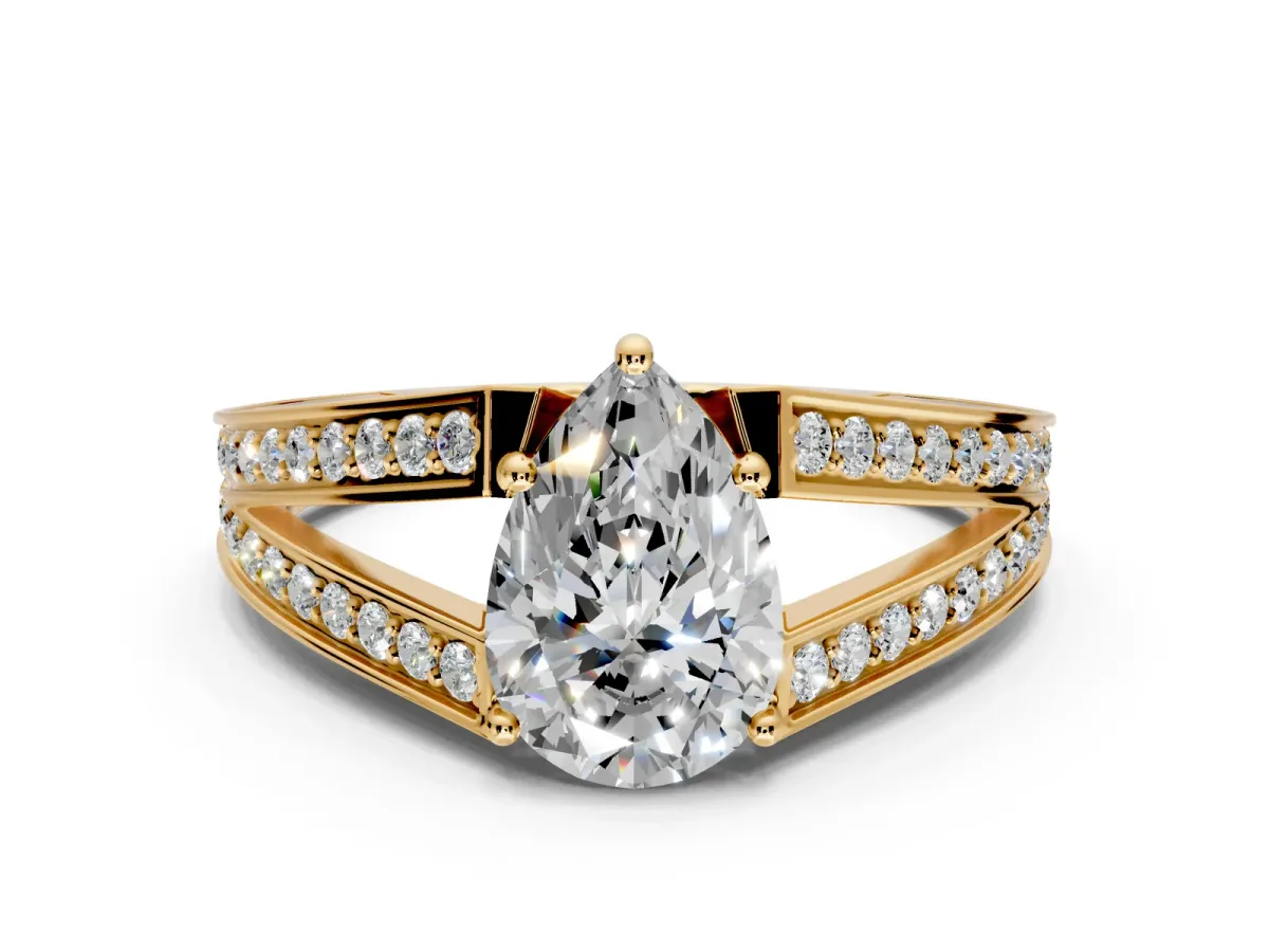 Split Shank Engagement Ring Setting for Pear-Shaped Center with Pave Split Shank and Prong Head in Yellow Gold
