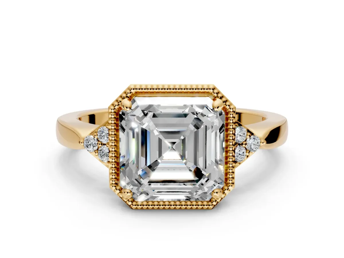 Cluster Engagement Ring Setting for Asscher Cut Center with Milgrain Shoulder Clusters and Prong Head in Yellow Gold