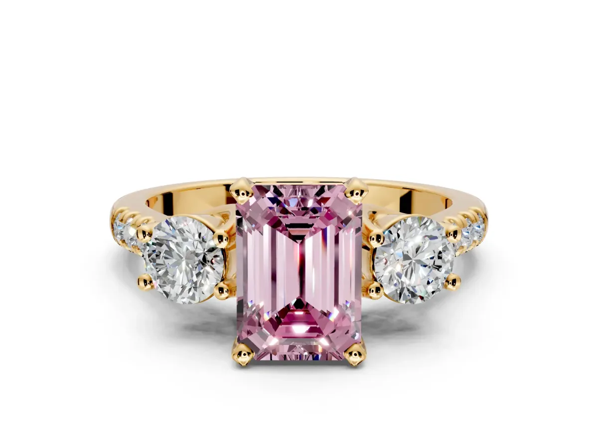 3 Stone Engagement Ring Setting for Fancy Pink Emerald Cut Center with Crossover Basket, Pave Band and Prong Head in Yellow Gold