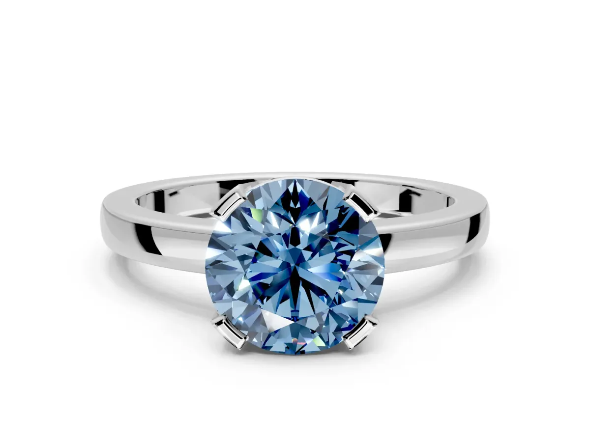Solitaire Engagement Ring Setting for Fancy Blue Round Cut Center with Plain Band and Flat Tab Prong Head in White Gold
