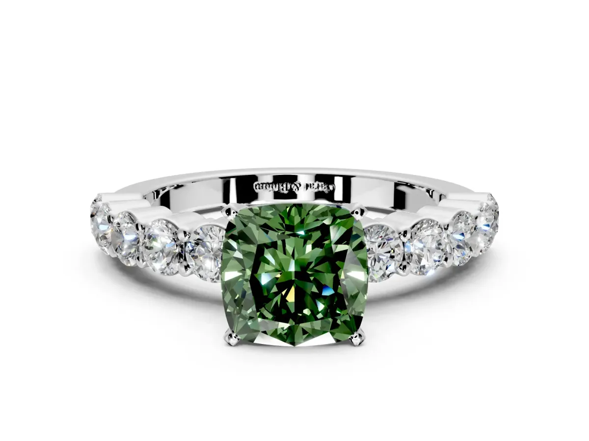 Shared-Prong Engagement Ring Setting for Fancy Green Cushion Cut Center with Graduated Accents and Prong Head in Sterling Silver