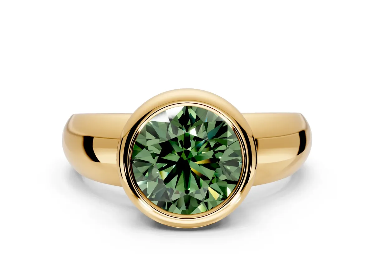 Solitaire Engagement Ring Setting for Fancy Green Round Cut Center with Wide Band and Bezel Head in Yellow Gold