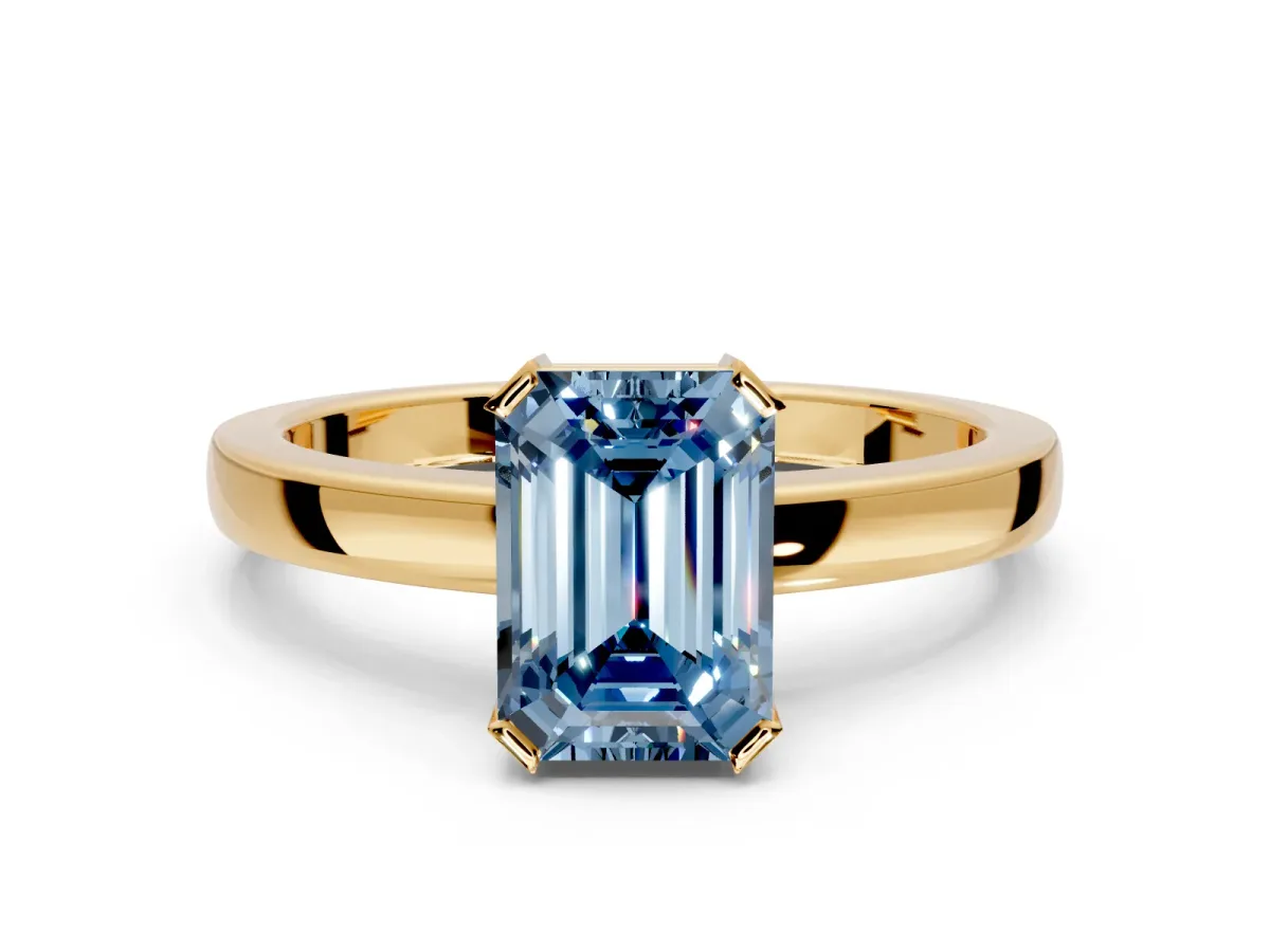Solitaire Engagement Ring Setting for Fancy Blue Emerald Cut Center with Plain Band and Flat Tab Prong Head in Yellow Gold