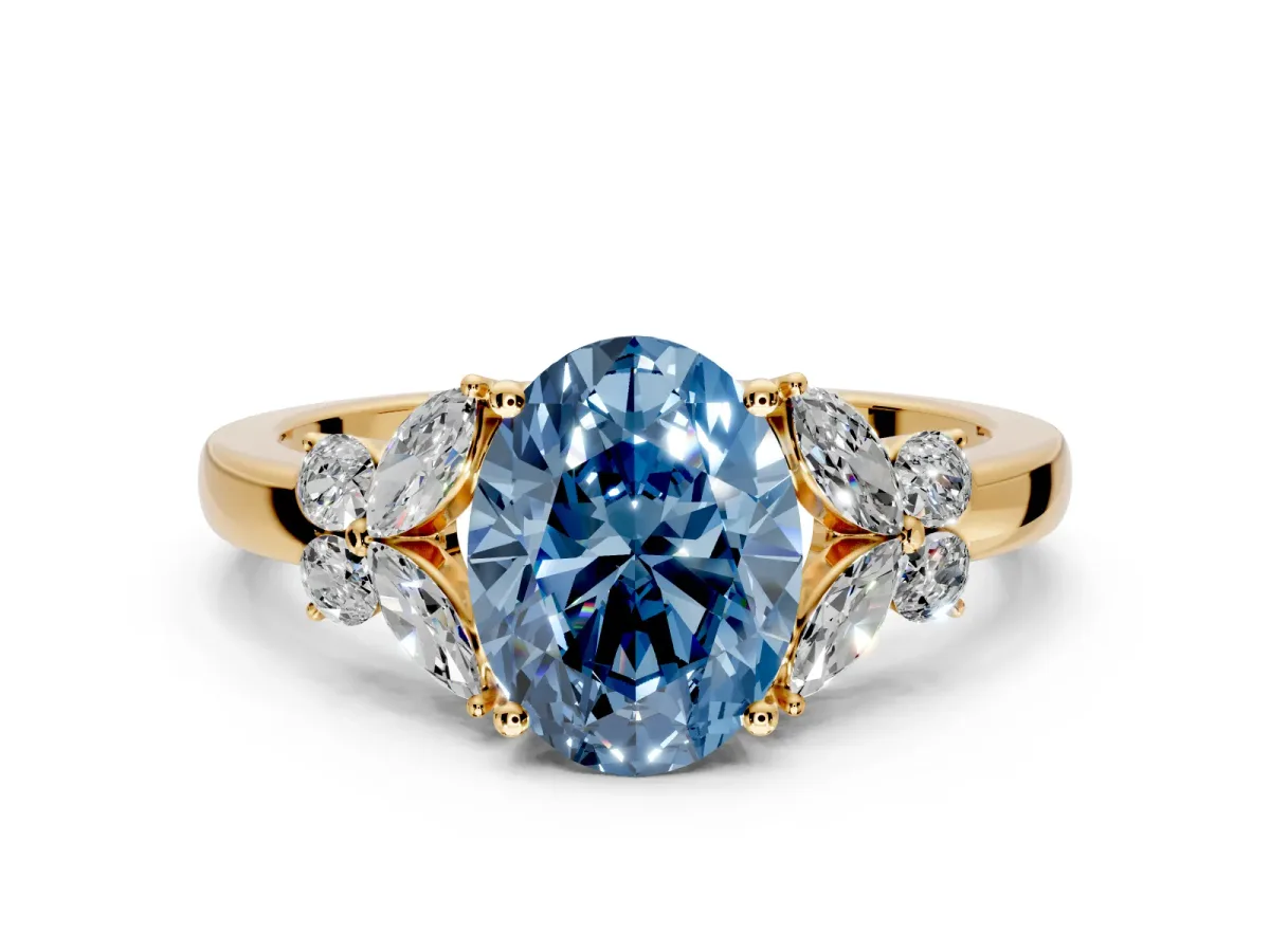 Solitaire Engagement Ring Setting for Fancy Blue Oval Center with Marquise Flower Shoulders and Prong Head in Yellow Gold