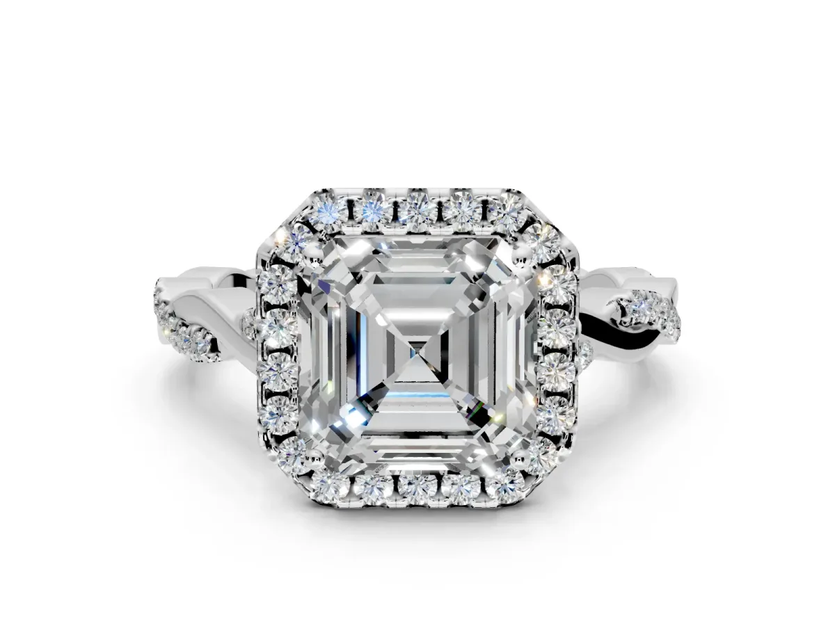 Halo Engagement Ring Setting for Asscher Cut Center with Twist Band and Prong Head in Platinum