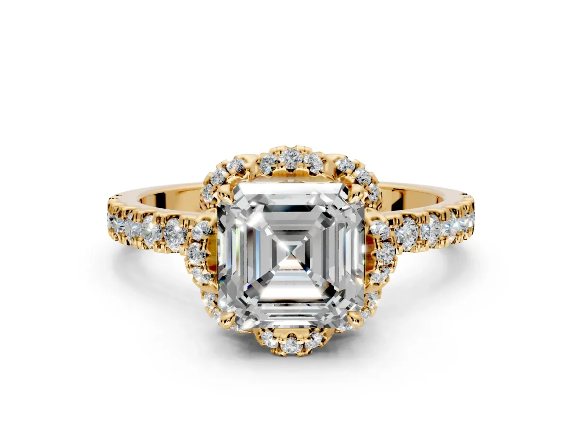 Halo Engagement Ring Setting for Asscher Cut Center with Openwork Halo, Pave Band and Prong Head in Yellow Gold