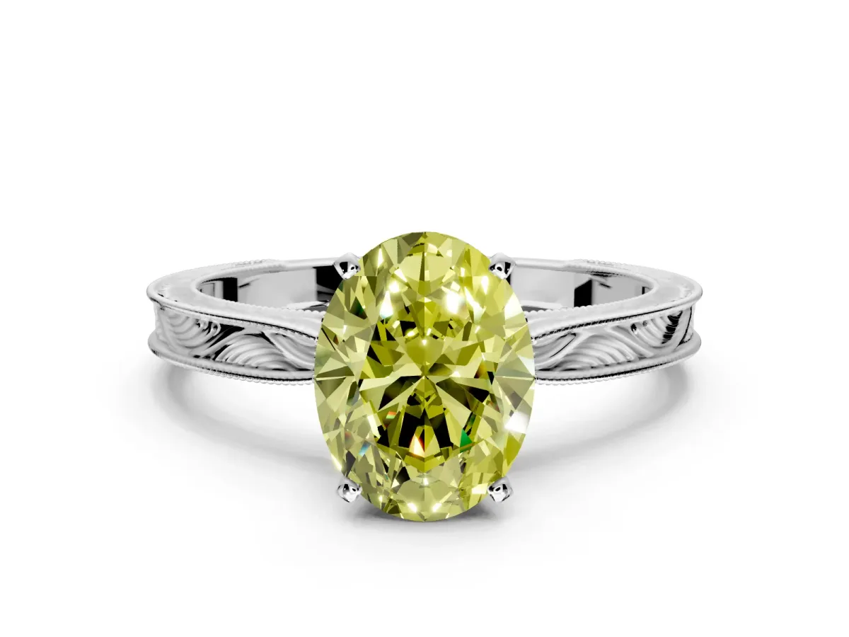 Solitaire Engagement Ring Setting for Fancy Yellow Oval Center with Engraved Milgrain Band and Prong Head in Sterling Silver