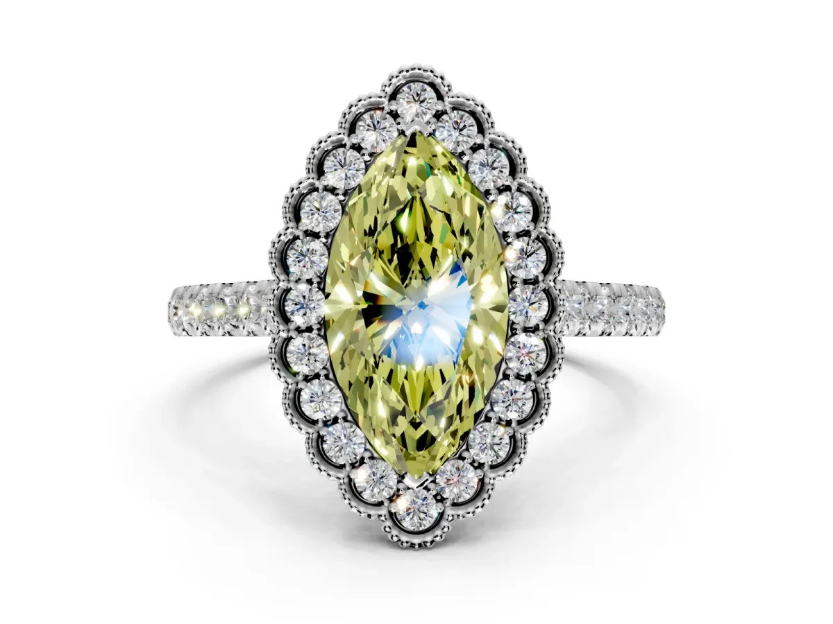 Milgrain Floral Halo Engagement Ring Setting for Fancy Yellow Marquise Center with Pave Band and Prong Head in Sterling Silver