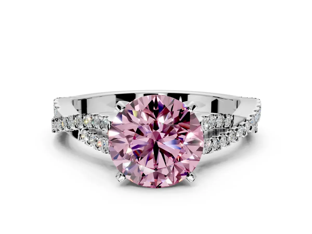 Solitaire Engagement Ring Setting for Fancy Pink Round Cut Center with Twisted Pave Split Shank and Prong Head in Sterling Silver