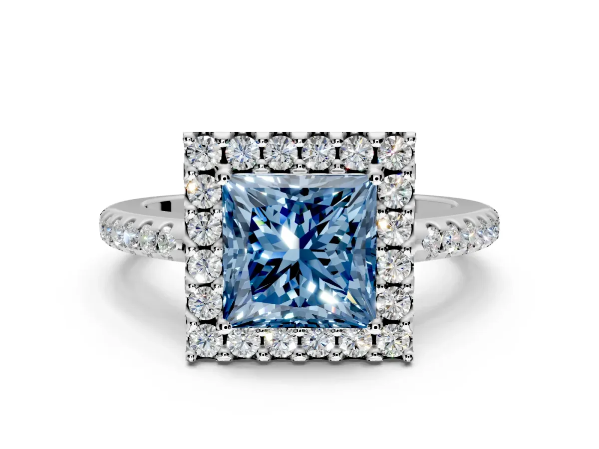 Pave Halo Engagement Ring Setting for Fancy Blue Princess Cut Center with Single Row Pave Band and Prong Head in White Gold