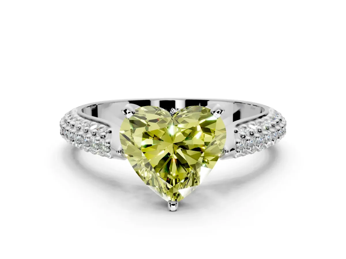 Solitaire Engagement Ring Setting for Fancy Yellow Heart-Shaped Center with Multi-Row Accents and Prong Head in Platinum