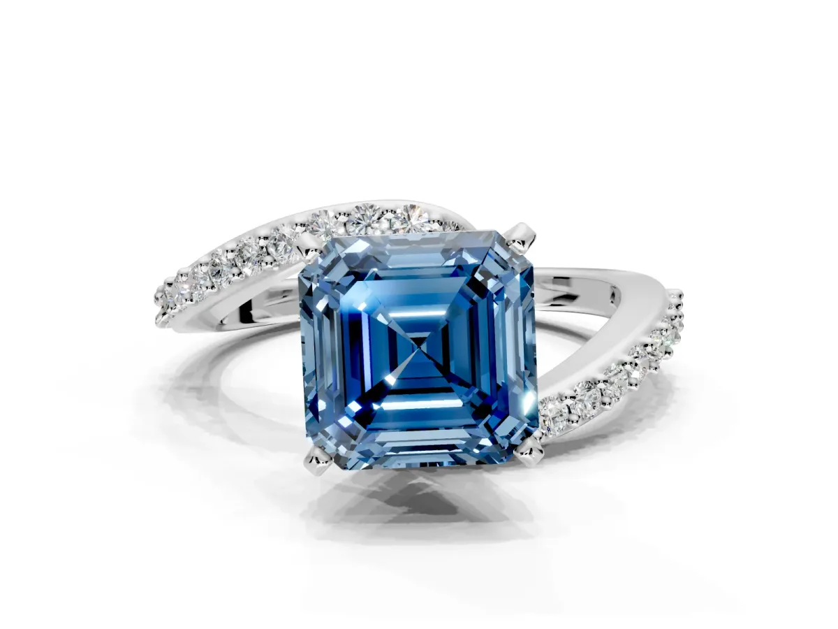 Solitaire Engagement Ring Setting for Fancy Blue Asscher Cut Center with Pave Bypass Swirl Band and Prong Head in White Gold