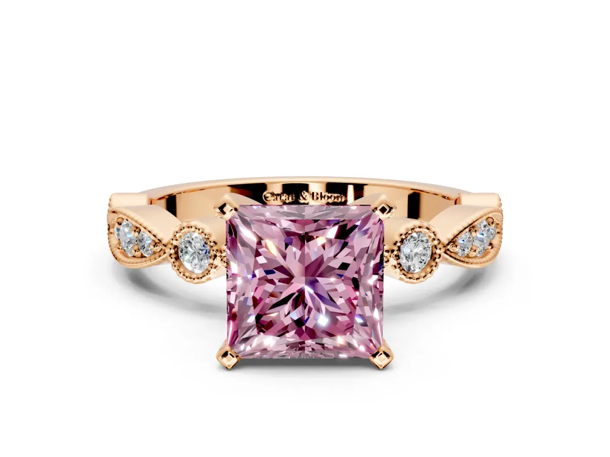 Solitaire Engagement Ring Setting for Fancy Pink Princess Cut Center with Milgrain Bezel Accents and Prong Head in Rose Gold