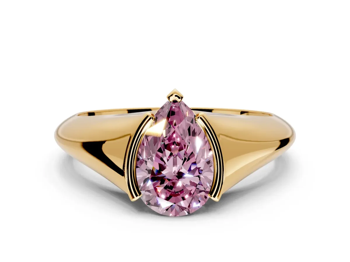 Tension Engagement Ring Setting for Fancy Pink Pear-Shaped Center with Wide Tapered Band and Tension Head in Yellow Gold