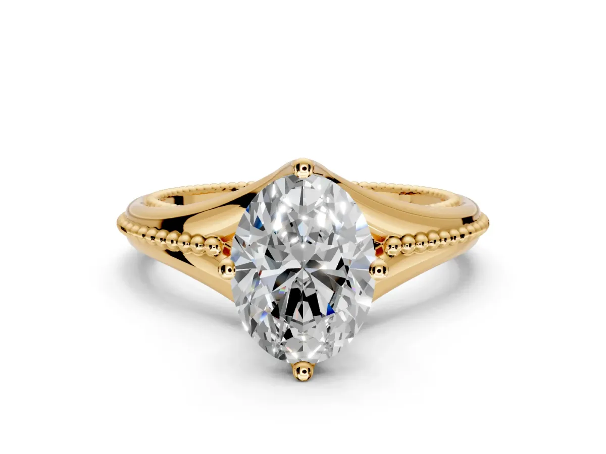 Solitaire Engagement Ring Setting for Oval Center with Milgrain Cathedral Band and Prong Head in Yellow Gold