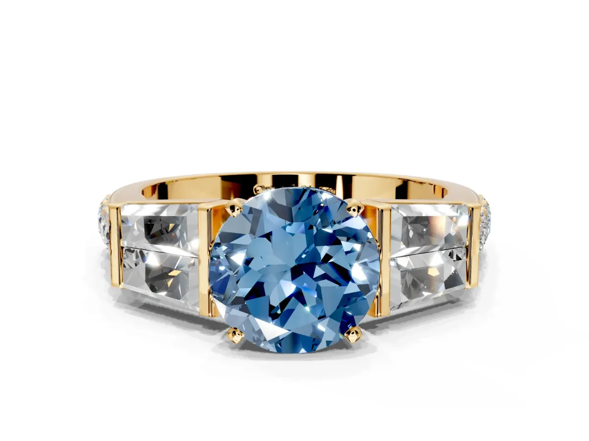 Channel-Set Engagement Ring Setting for Fancy Blue Round Cut Center with Baguette Band and Prong Head in Yellow Gold