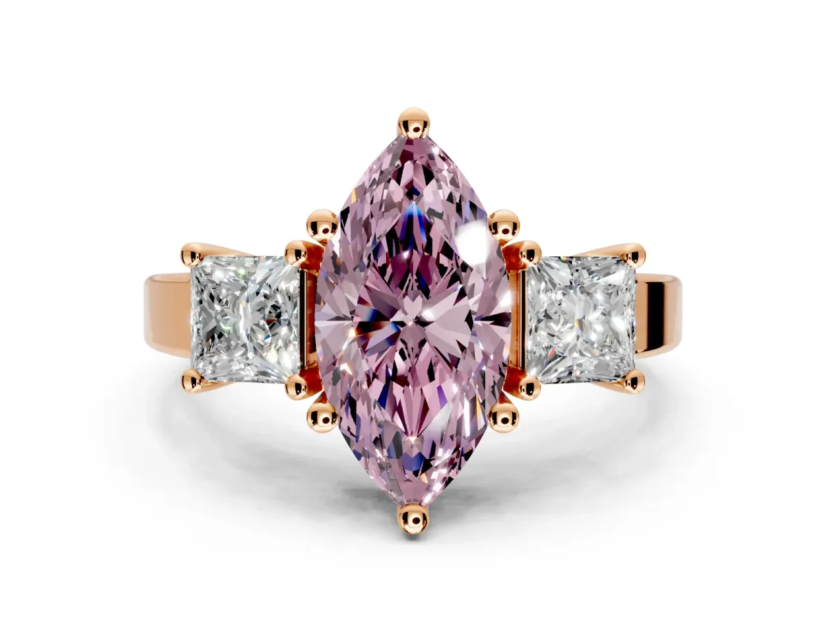 3 Stone Engagement Ring Setting for Fancy Pink Marquise Center with Matching Side Accents and Prong Head in Rose Gold