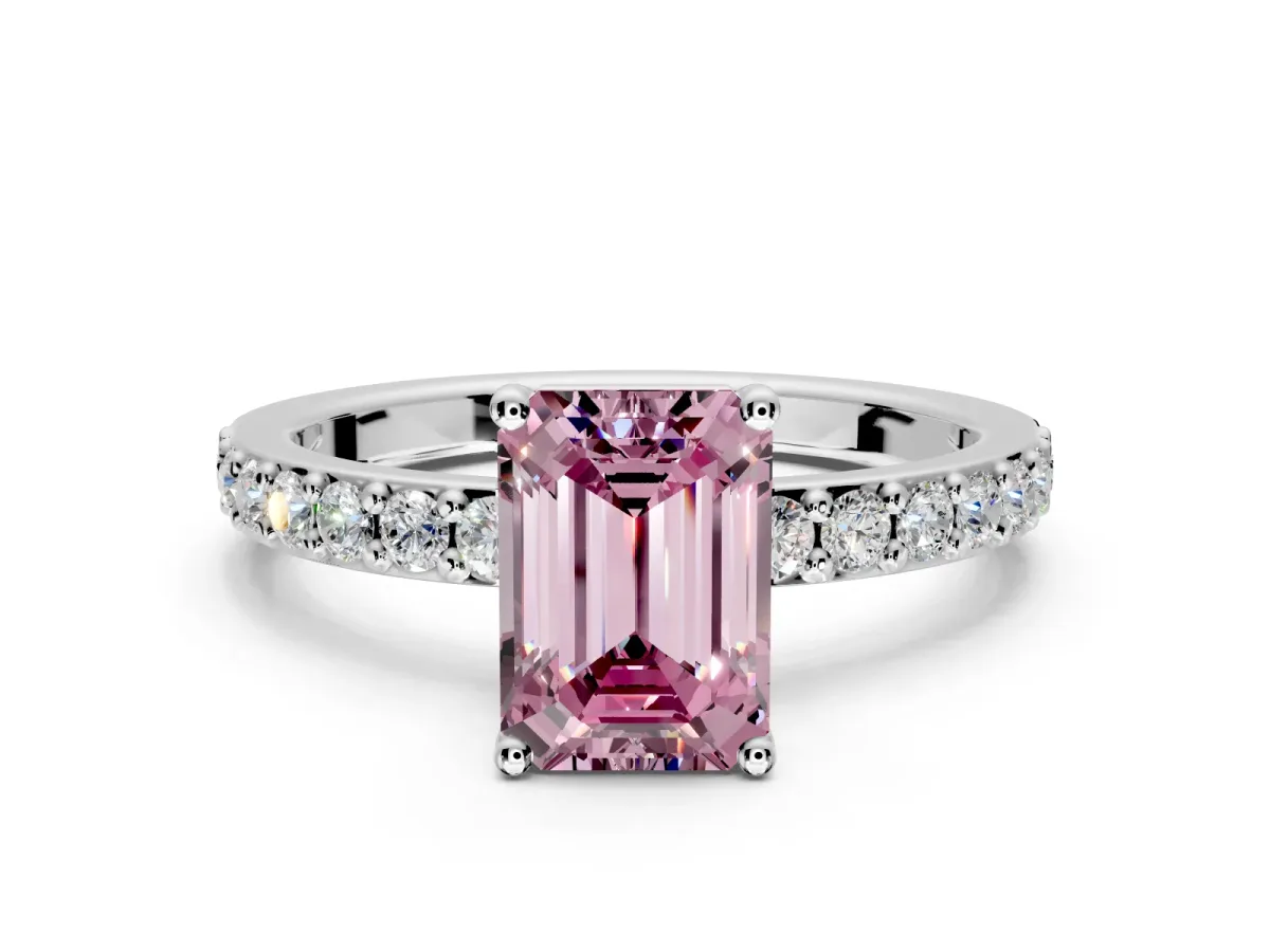 Solitaire Engagement Ring Setting for Fancy Pink Emerald Cut Center with Round Cut Pave Band and Prong Head in Sterling Silver