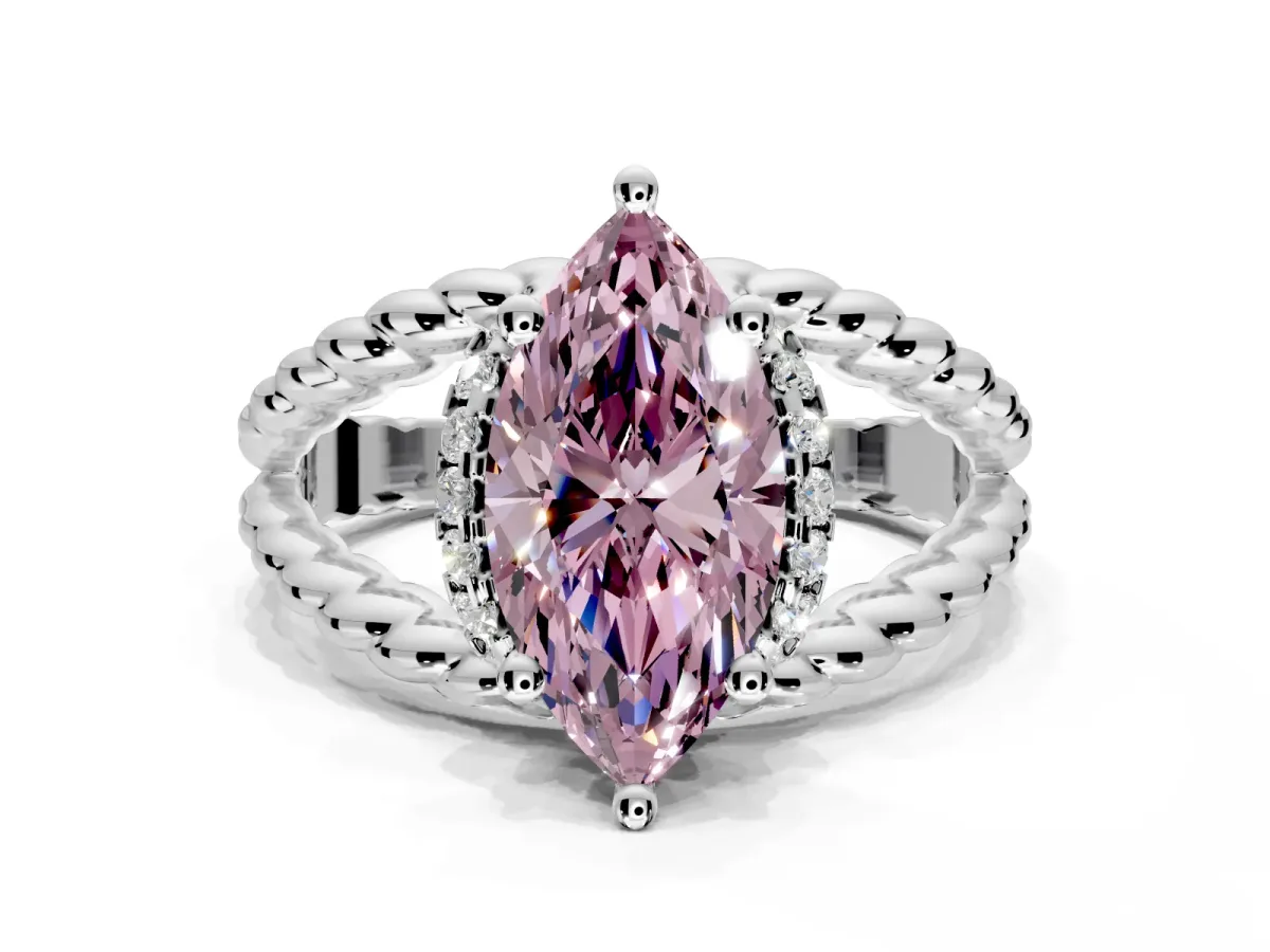 Halo Engagement Ring Setting for Fancy Pink Marquise Center with Rope Twist Split Shank and Prong Head in Platinum