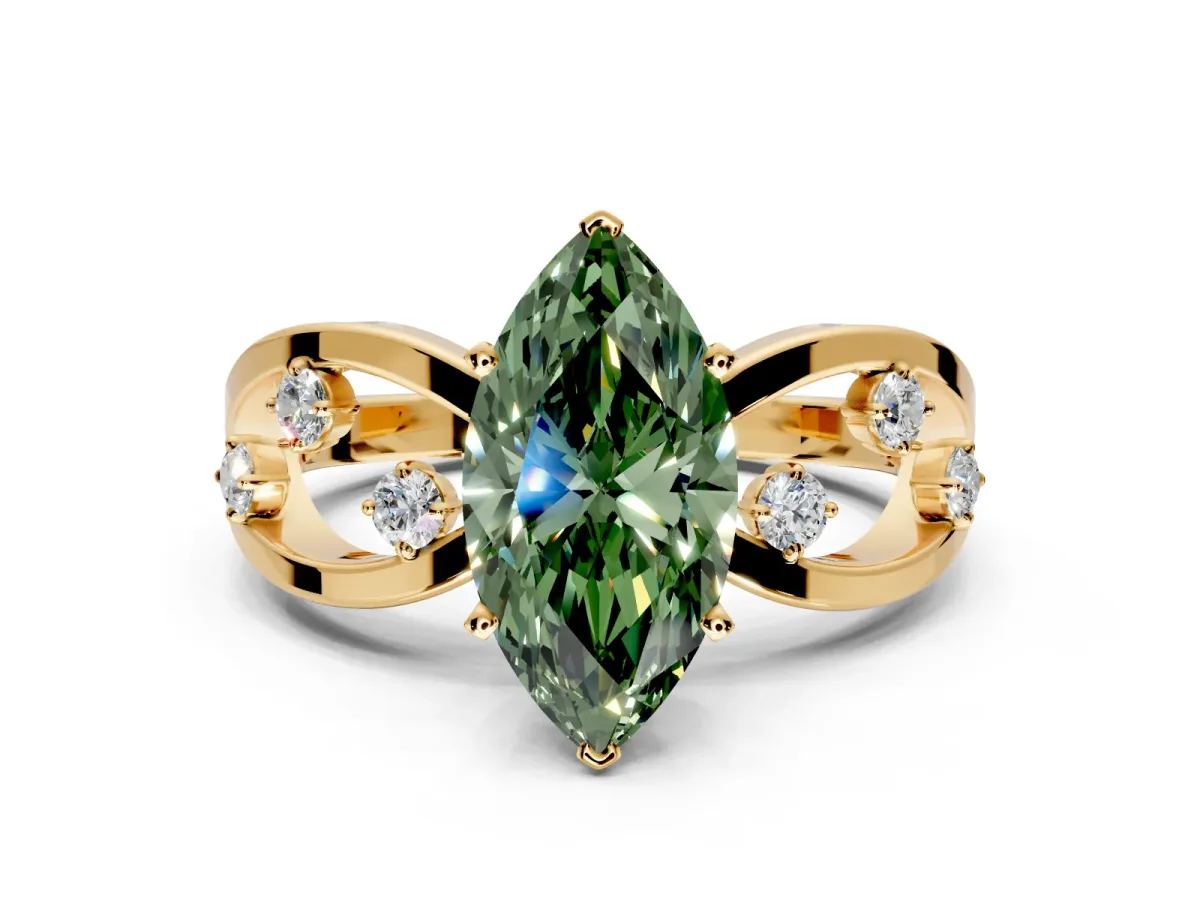 Solitaire Engagement Ring Setting for Fancy Green Marquise Center with Criss-Cross Accent Band and Prong Head in Yellow Gold