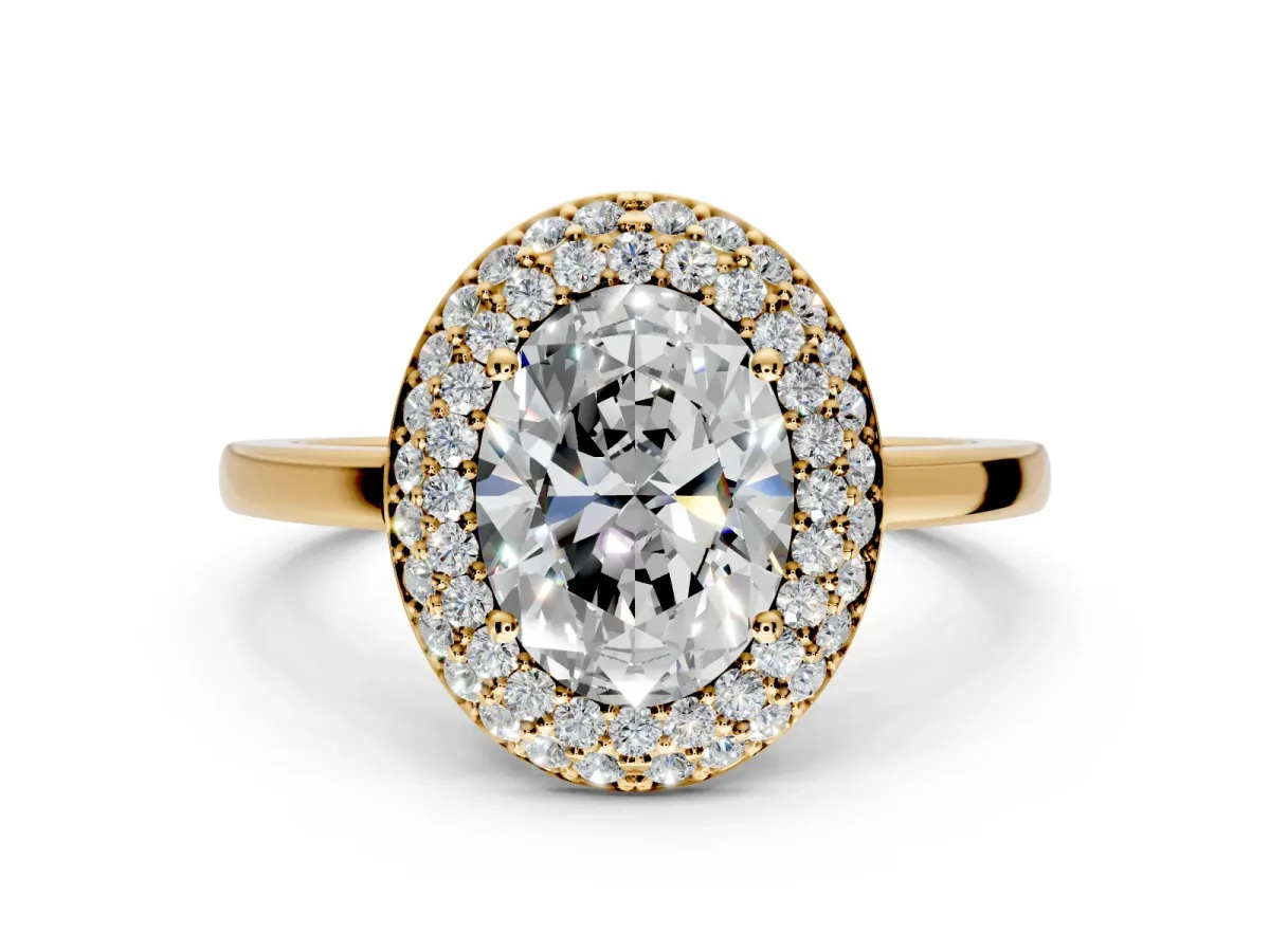 Halo Engagement Ring Setting for Oval Center with Plain Tapered Band and Prong Head in Yellow Gold