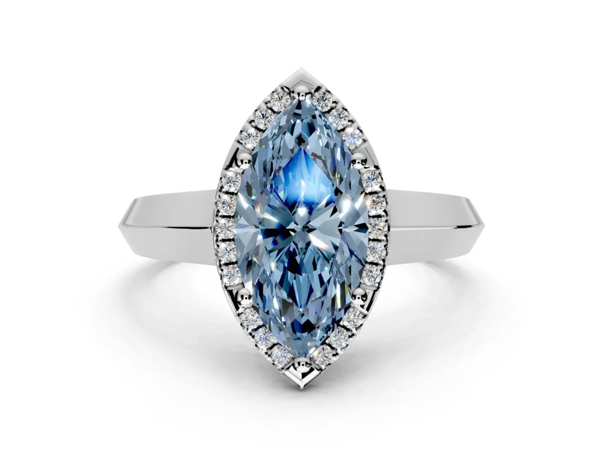 Halo Engagement Ring Setting for Fancy Blue Marquise Center with Knife Ridge Cathedral Band and Prong Head in Platinum