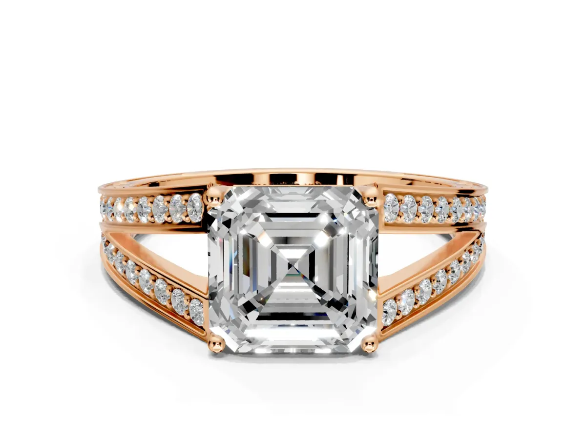 Split Shank Engagement Ring Setting for Asscher Cut Center with Pave Split Shank and Prong Head in Rose Gold
