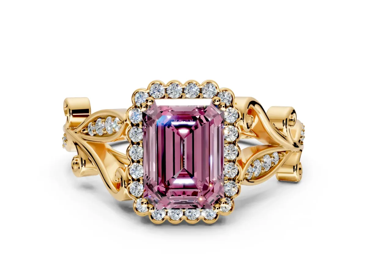 Halo Engagement Ring Setting for Fancy Pink Emerald Cut Center with Leaf Motif Split Shank and Prong Head in Yellow Gold