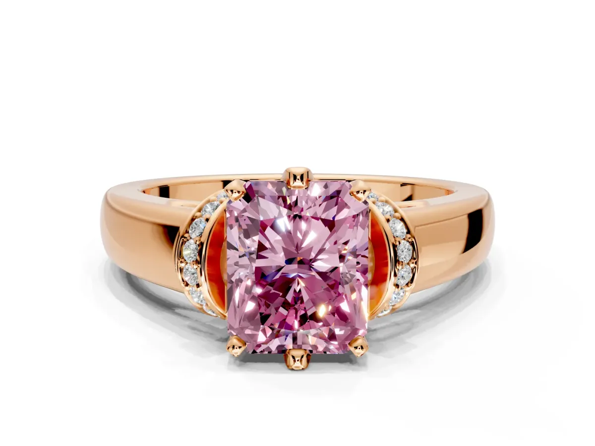 Solitaire Engagement Ring Setting for Fancy Pink Radiant Cut Center with Wide Band, Pave Collar and Prong Head in Rose Gold