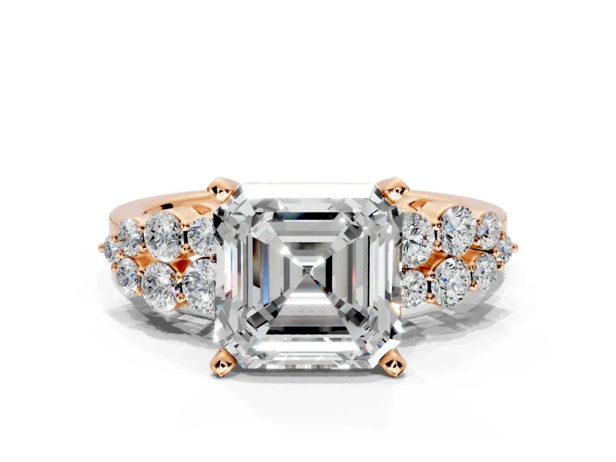 Cluster Engagement Ring Setting for Asscher Cut Center with 2-Row Shoulder Clusters and Prong Head in Rose Gold