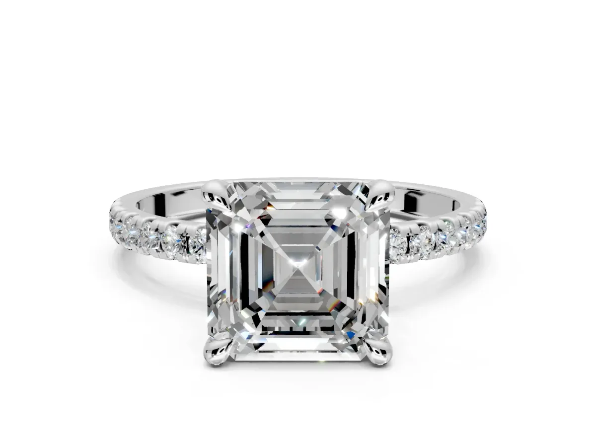 Solitaire Engagement Ring Setting for Asscher Cut Center with Fine Pave Narrow Band and Prong Head in Platinum