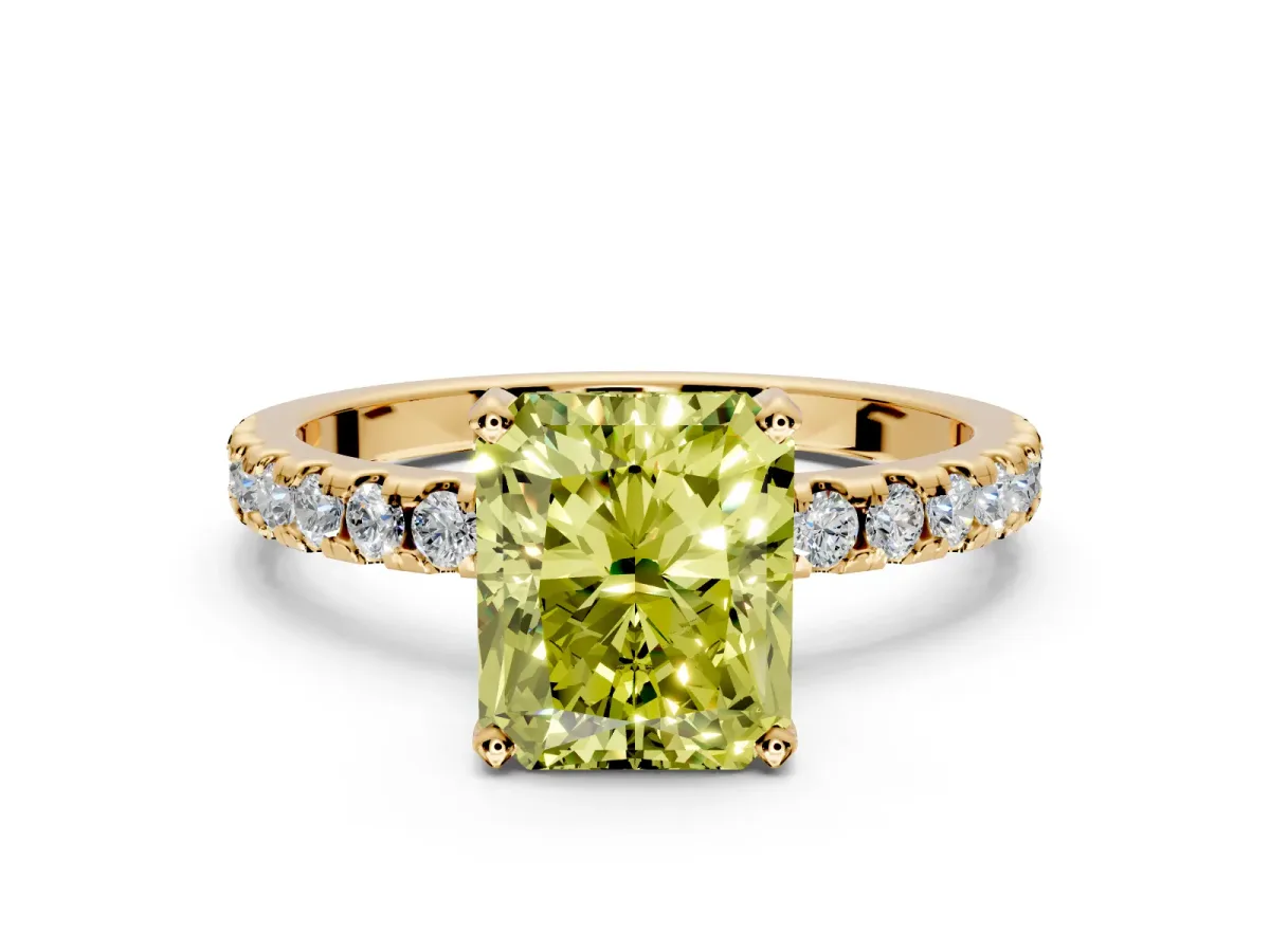 Solitaire Engagement Ring Setting for Fancy Yellow Radiant Cut Center with Band of Accents and Prong Head in Yellow Gold