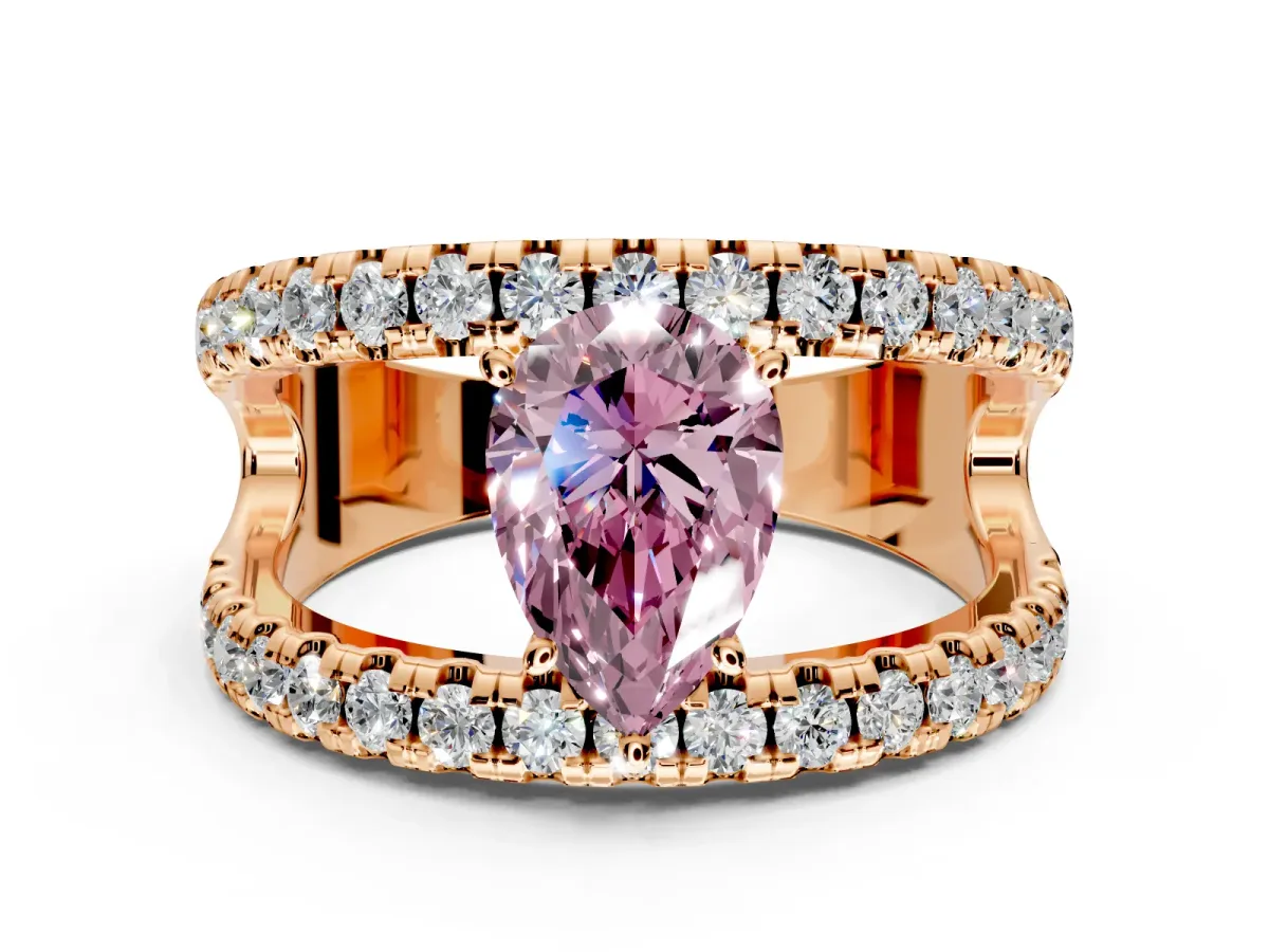 Solitaire Engagement Ring Setting for Fancy Pink Pear-Shaped Center with Wide-Open Split Shank and Prong Head in Rose Gold