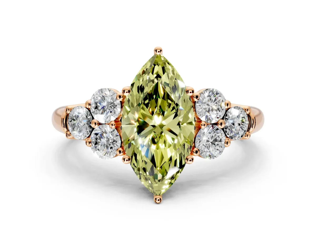Cluster Engagement Ring Setting for Fancy Yellow Marquise Center with Round Cut Accent Frame and Prong Head in Rose Gold