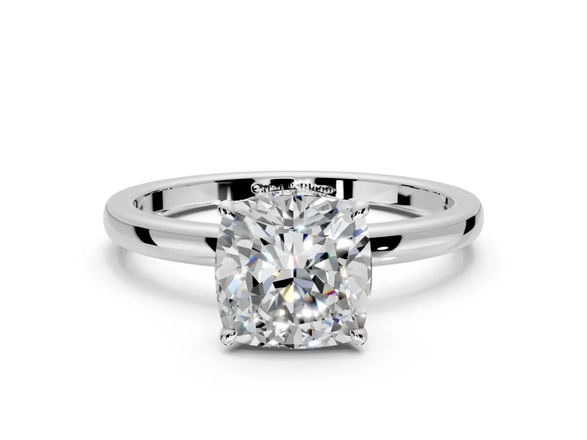 Hidden Halo Engagement Ring Setting for Cushion Cut Center with Plain Band and Tall Prong Head in Sterling Silver