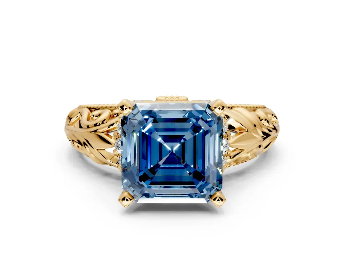 Solitaire Engagement Ring Setting for Fancy Blue Asscher Cut Center with Filigree Accent Basket and Prong Head in Yellow Gold