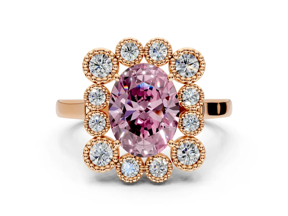 Cluster Halo Engagement Ring Setting for Fancy Pink Oval Center with Milgrain Bezel Accents and Prong Head in Rose Gold