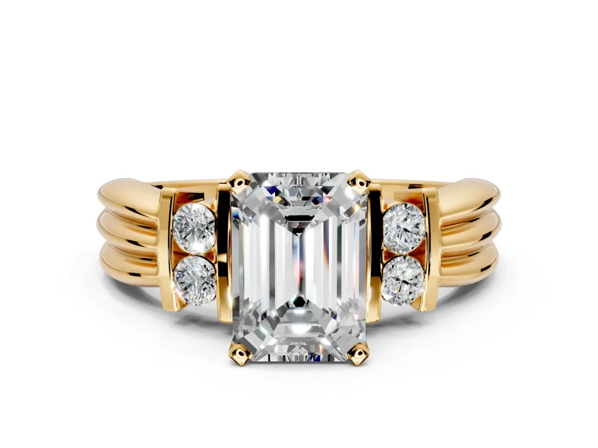 Solitaire Engagement Ring Setting for Emerald Cut Center with Grooved Bar Accent Band and Prong Head in Yellow Gold