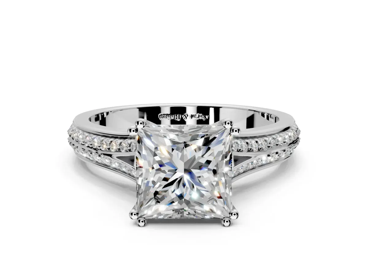 Solitaire Engagement Ring Setting for Princess Cut Center with Pave Rail Split Shank and Prong Head in Sterling Silver