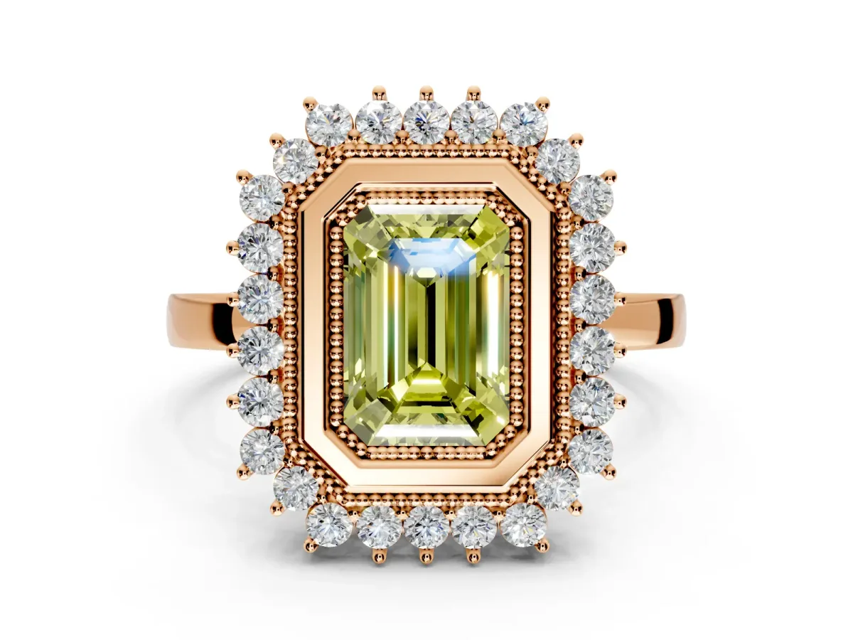 Halo Engagement Ring Setting for Fancy Yellow Emerald Cut Center with Milgrain Bezel Rim, Plain Band and Prong Head in Rose Gold