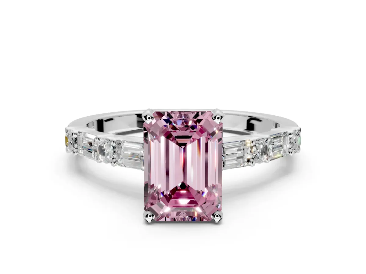 Baguette Engagement Ring Setting for Fancy Pink Emerald Cut Center with Alternating Bar-Set Band and Prong Head in Platinum