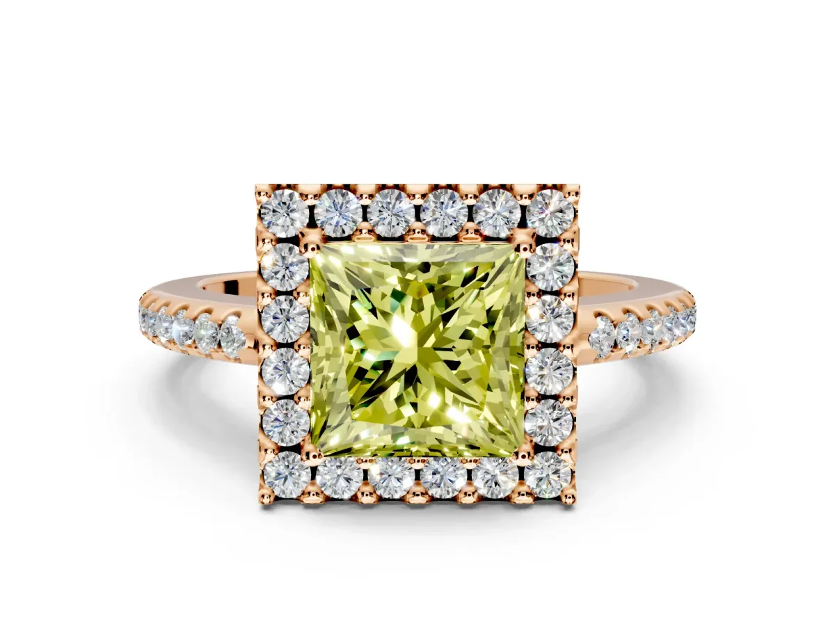 Pave Halo Engagement Ring Setting for Fancy Yellow Princess Cut Center with Single Row Pave Band and Prong Head in Rose Gold